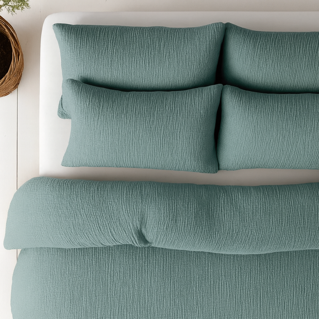 Easydekbed mousseline groen + kussenslopen